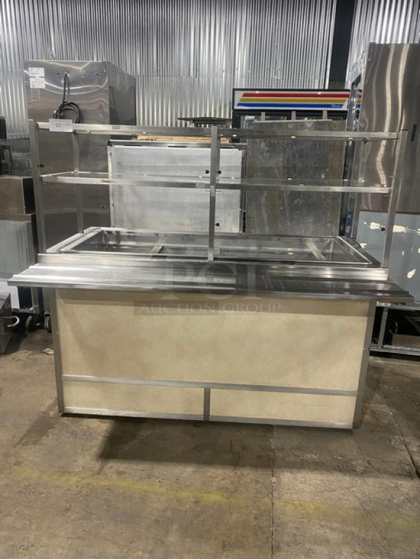 Custom Commercial Stainless Steel Buffet Style Cold Food/Salad Bar! With Overhead Double Shelf & Folding Tray Slide! With Enclosed Sliding Door Storage Cabinet Underneath! With Atlas Metal Industries Commercial Stainless Steel 4 Well Cold Food Drop In Unit! Model: RM-4 SN: 5336-04-A! 120V 1 Phase! On Casters! - Image 1 of 12