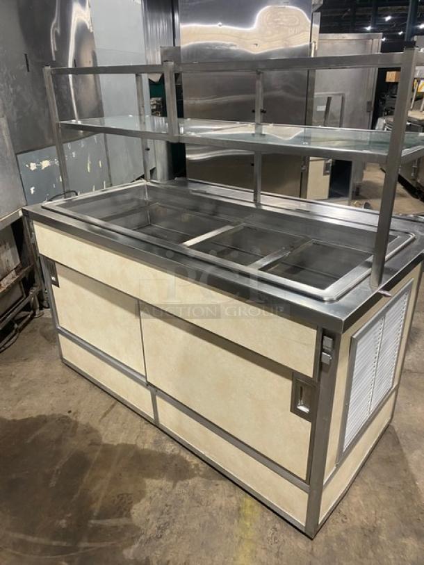 Custom Commercial Stainless Steel Buffet Style Cold Food/Salad Bar! With Overhead Double Shelf & Folding Tray Slide! With Enclosed Sliding Door Storage Cabinet Underneath! With Atlas Metal Industries Commercial Stainless Steel 4 Well Cold Food Drop In Unit! Model: RM-4 SN: 5336-04-A! 120V 1 Phase! On Casters! - Image 3 of 12