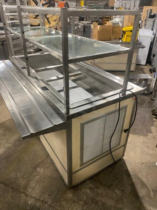 Custom Commercial Stainless Steel Buffet Style Cold Food/Salad Bar! With Overhead Double Shelf & Folding Tray Slide! With Enclosed Sliding Door Storage Cabinet Underneath! With Atlas Metal Industries Commercial Stainless Steel 4 Well Cold Food Drop In Unit! Model: RM-4 SN: 5336-04-A! 120V 1 Phase! On Casters! - Image 4 of 12