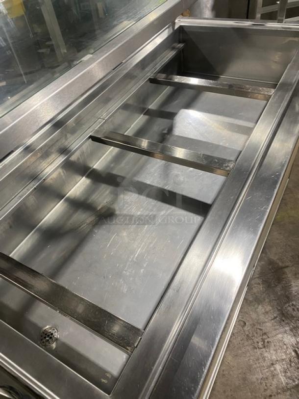 Custom Commercial Stainless Steel Buffet Style Cold Food/Salad Bar! With Overhead Double Shelf & Folding Tray Slide! With Enclosed Sliding Door Storage Cabinet Underneath! With Atlas Metal Industries Commercial Stainless Steel 4 Well Cold Food Drop In Unit! Model: RM-4 SN: 5336-04-A! 120V 1 Phase! On Casters! - Image 7 of 12