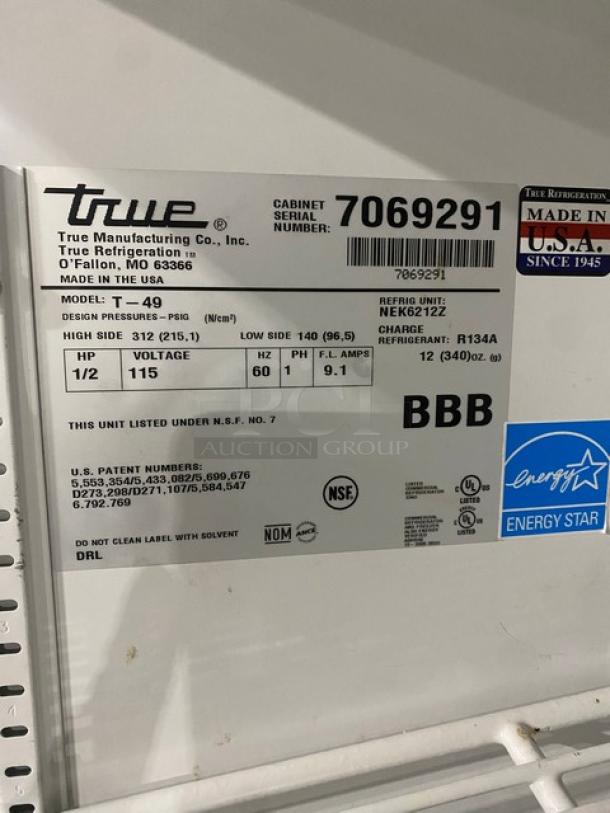 True Commercial Stainless Steel Solid 2 Door Reach In Refrigerator! Energy Star Certified! With Poly Coated Wire Racks! Model: T-49 SN: 7069291! 115V 1 Phase! On Casters! - Image 6 of 10