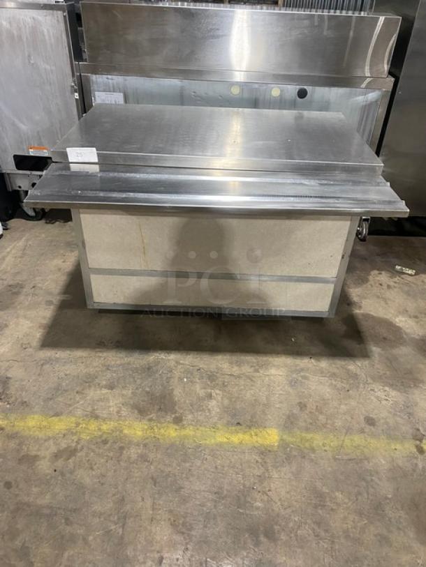 Custom Buffet Style Commercial Stainless Steel Worktop! With Folding Tray Slide! With Enclosed Sliding Door Storage Cabinet Underneath! On Casters! - Image 1 of 9