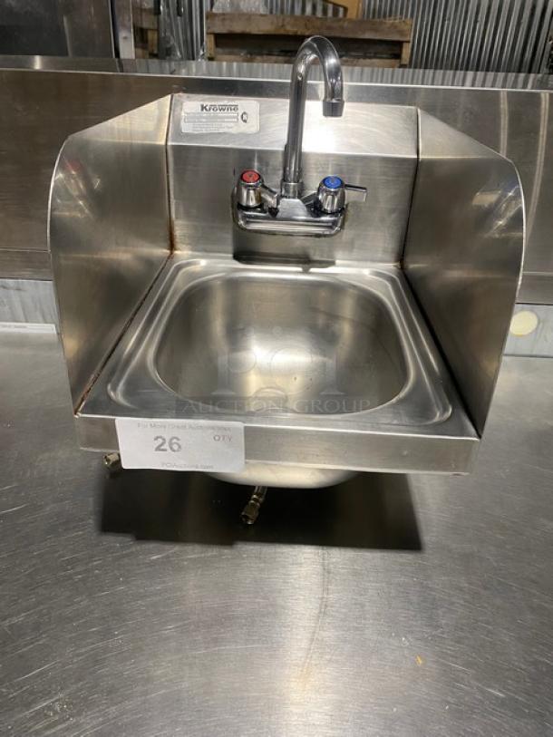 Krowne Commercial Stainless Steel Wall Mounted Hand Washing Sink! With Back & Side Splashes! With Swivel Gooseneck Spout Mounted Faucet! With Drain Basket! Model: HS-30L SN: 300004103! - Image 1 of 10