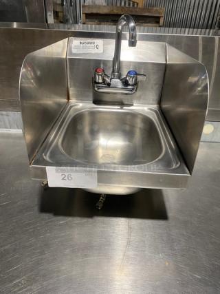 Krowne Commercial Stainless Steel Wall Mounted Hand Washing Sink! With Back & Side Splashes! With Swivel Gooseneck Spout Mounted Faucet! With Drain Basket! Model: HS-30L SN: 300004103!