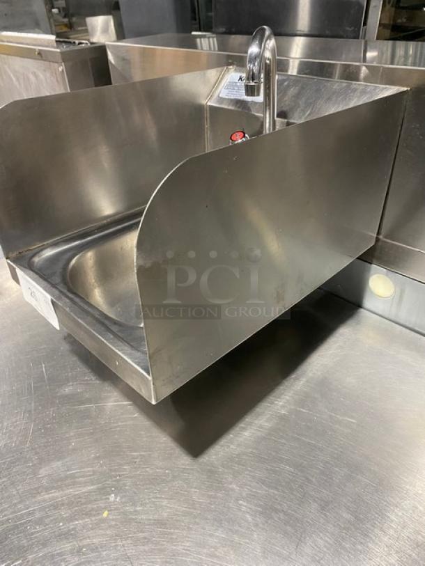 Krowne Commercial Stainless Steel Wall Mounted Hand Washing Sink! With Back & Side Splashes! With Swivel Gooseneck Spout Mounted Faucet! With Drain Basket! Model: HS-30L SN: 300004103! - Image 2 of 10