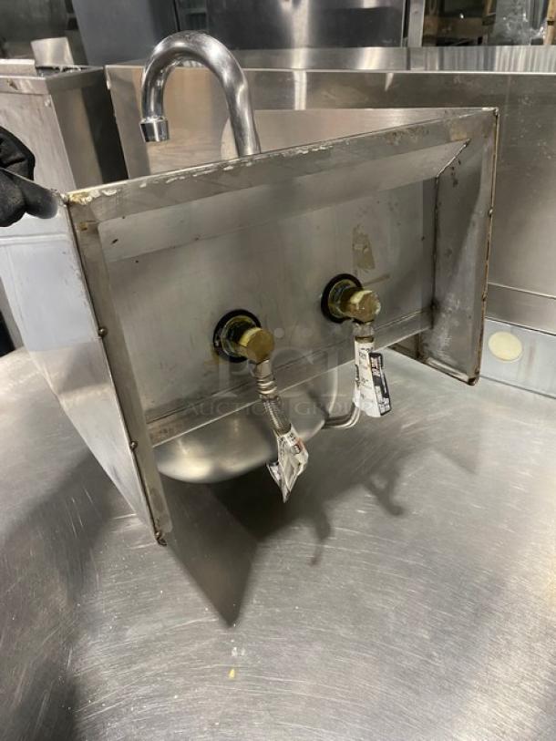 Krowne Commercial Stainless Steel Wall Mounted Hand Washing Sink! With Back & Side Splashes! With Swivel Gooseneck Spout Mounted Faucet! With Drain Basket! Model: HS-30L SN: 300004103! - Image 3 of 10