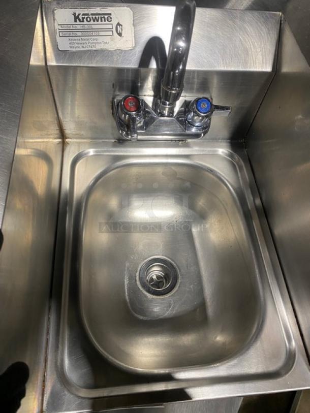 Krowne Commercial Stainless Steel Wall Mounted Hand Washing Sink! With Back & Side Splashes! With Swivel Gooseneck Spout Mounted Faucet! With Drain Basket! Model: HS-30L SN: 300004103! - Image 5 of 10