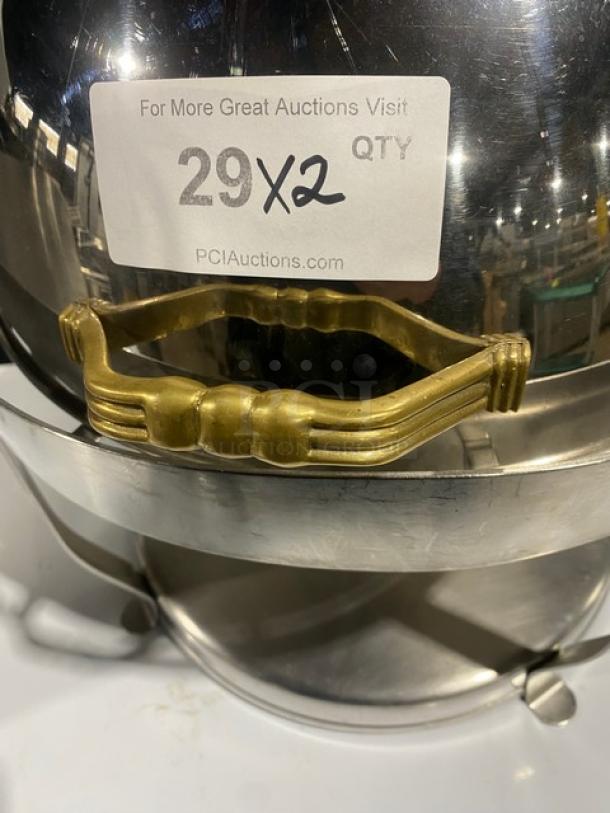 Commercial Stainless Steel Round Roll Top Chafers! With Gold Style Trim! 2X Your Bid! - Image 5 of 8
