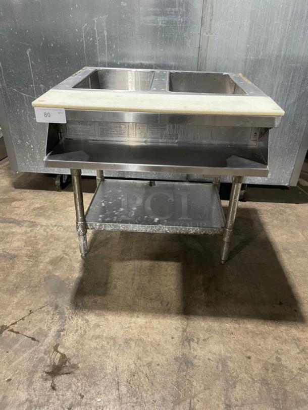 Eagle Group Commercial Stainless Steel Natural Gas Powered Free Standing Two Pan Sealed Well Water Bath Steam Table! With Removable Cutting Board! With Undershelf! Model: ASWT2-NG SN: 1910170002! On Legs! - Image 1 of 12
