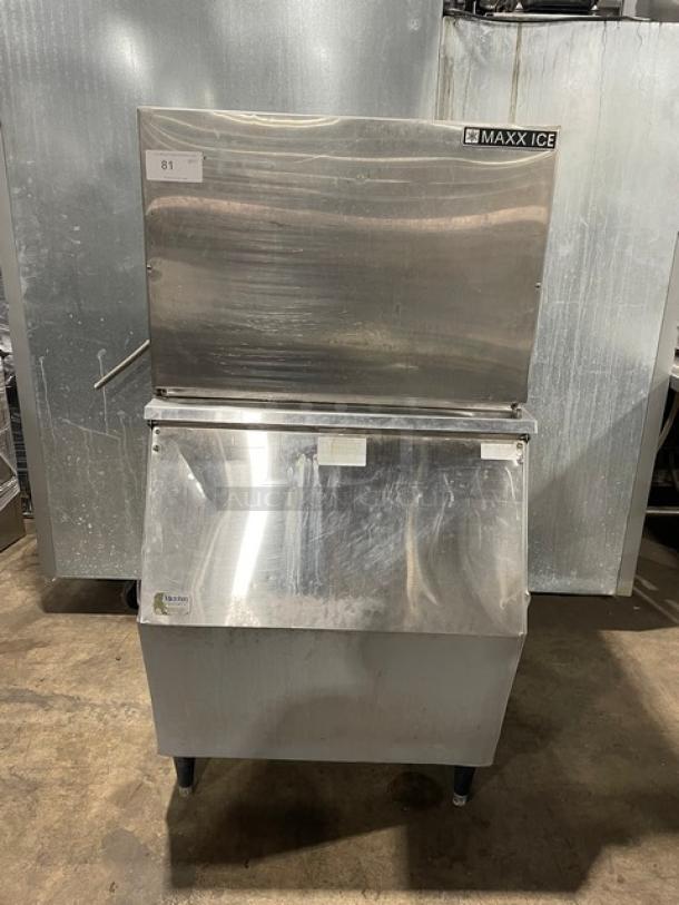 Maxx Ice Commercial Stainless Steel Full Dice Ice Making Machine Head! Model: MIM452 SN: 1307045200076! 115V 1 Phase! With Cornelius Commercial Stainless Steel Ice Bin! With Top-Hinged Front Open Lift Style Door & Ice Scooper! On Legs! All One Money! - Image 1 of 13