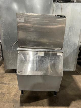 Maxx Ice Commercial Stainless Steel Full Dice Ice Making Machine Head! Model: MIM452 SN: 1307045200076! 115V 1 Phase! With Cornelius Commercial Stainless Steel Ice Bin! With Top-Hinged Front Open Lift Style Door & Ice Scooper! On Legs! All One Money!