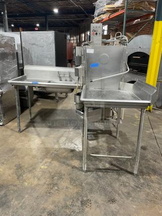 Custom Commercial Stainless Steel Dish Washing Station! With Commercial Heavy Duty Ware Washing Machine! With Full Size Peg Racks! With Left Side Drain Board/Single Bay Sink! With Right Side Drain Board! With Back Splash!  On Legs! All One Money!