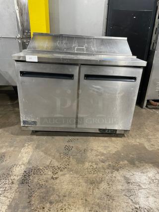 Artic Air Commercial Stainless Steel 2 Door Refrigerated Bain Marie Style Mega Top Salad/Sandwich Prep Table! With Poly Coated Wire Racks! Model: AST48R SN: 6032044! 115V 1 Phase! On Casters!