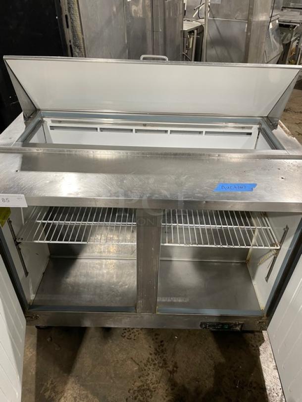 Artic Air Commercial Stainless Steel 2 Door Refrigerated Bain Marie Style Mega Top Salad/Sandwich Prep Table! With Poly Coated Wire Racks! Model: AST48R SN: 6032044! 115V 1 Phase! On Casters! - Image 8 of 9