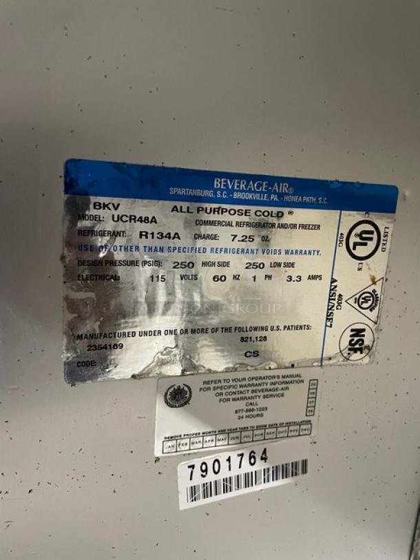 Beverage-Air Commercial Stainless Steel 2 Door Undercounter Refrigerator! With Stainless Steel Worktop! Model: UCR48A SN: 7901764! 115V 1 Phase! On Casters! - Image 6 of 9