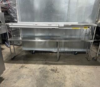Commercial Stainless Steel Double Overhead Shelf! With Electric Powered Undershelf Food Warming Heat Lamp! With Check/Order Racks! On Brackets!