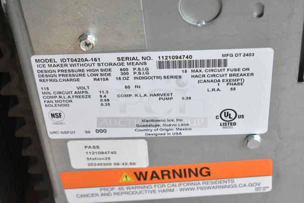 BRAND NEW SCRATCH AND DENT! 2024 Manitowoc IDT0420A-161 Indigo NXT 22" Dice Ice Machine 470 lb. 115 Volts, 1 Phase. - Image 4 of 4