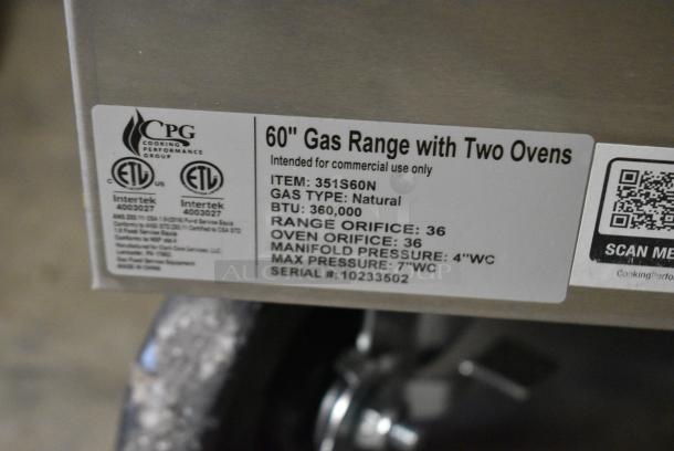 BRAND NEW SCRATCH AND DENT! Cooking Performance Group S60-N 351S60N Stainless Steel Commercial Natural Gas 10 Burner 60" Range with 2 Standard Ovens. 360,000 BTU - Image 9 of 9