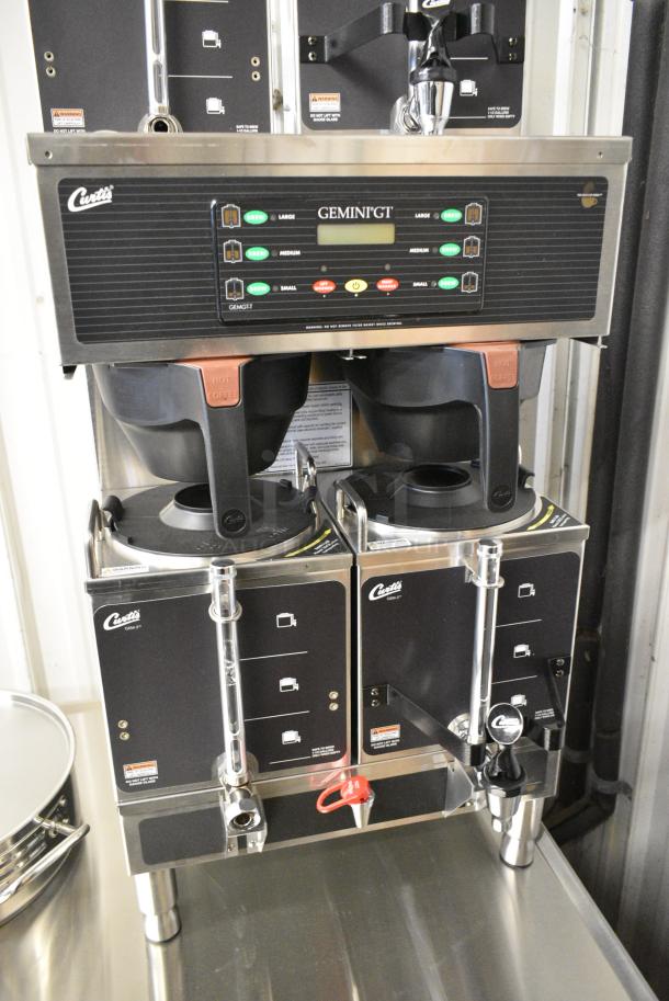 BRAND NEW SCRATCH AND DENT! Curtis GEMTS10A1000 Stainless Steel Commercial Countertop Double Coffee Machine w/ Hot Water Dispenser, 2 Satellites and 2 Poly Brew Baskets. 220 Volts, 1 Phase. - Image 1 of 11