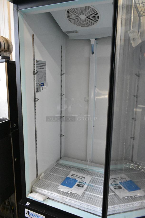 BRAND NEW SCRATCH AND DENT! 2023 Avantco 178GDC23HCB 28 3/8" Black Customizable Swing Glass Door Merchandiser Refrigerator with LED Lighting and Poly Coated Racks on Commercial Casters. 115 Volts, 1 Phase. Tested and Working! - Image 3 of 10