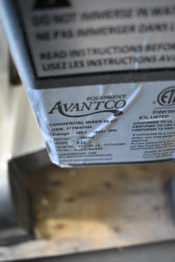 BRAND NEW SCRATCH AND DENT! Avantco 177MX30H Metal Commercial 30 Qt. Planetary Floor Mixer w/ Stainless Steel Mixing Bowl, Bowl Guard, Whisk, Paddle and Dough Hook Attachments. 120 Volts, 1 Phase. Tested and Does Not Power On - Image 11 of 11