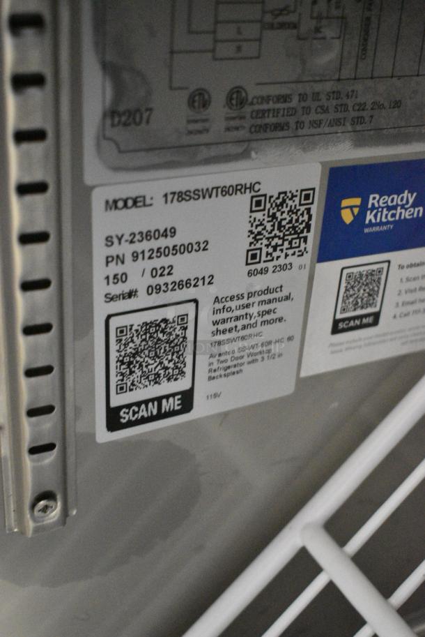 BRAND NEW SCRATCH AND DENT! 2023 Avantco 178SSWT60RHC 60" Two Door Worktop Refrigerator with 3 1/2" Backsplash. 115 Volts, 1 Phase. Tested and Working! - Image 5 of 5