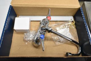 BRAND NEW SCRATCH AND DENT! T&S B-1115-132XN5CR Wall Mounted Workboard Faucet with 2 7/8" Gooseneck Spout, 4" Centers, .5 GPM Non-Aerated Spray Device, Cerama Cartridges, and Lever Handles