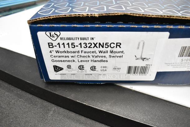 BRAND NEW SCRATCH AND DENT! T&S B-1115-132XN5CR Wall Mounted Workboard Faucet with 2 7/8" Gooseneck Spout, 4" Centers, .5 GPM Non-Aerated Spray Device, Cerama Cartridges, and Lever Handles - Image 3 of 4