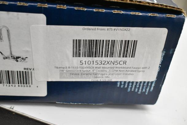 BRAND NEW SCRATCH AND DENT! T&S B-1115-132XN5CR Wall Mounted Workboard Faucet with 2 7/8" Gooseneck Spout, 4" Centers, .5 GPM Non-Aerated Spray Device, Cerama Cartridges, and Lever Handles - Image 4 of 4