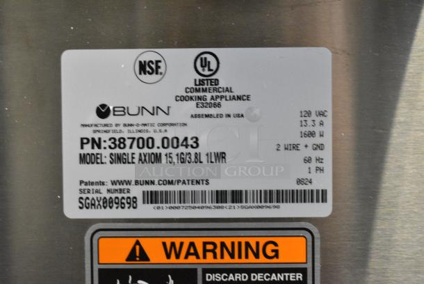 BRAND NEW SCRATCH AND DENT! 2024 Bunn SINGLE AXIOM 15 Stainless Steel 1 Gallon Coffee Brewer with Hot Water Dispenser. 120 Volts, 1 Phase. - Image 7 of 7