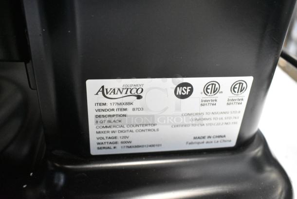 BRAND NEW SCRATCH AND DENT! Avantco 177MIX8BK Black 8 Qt. Bowl Lift Countertop Mixer w/ Mixing Bowl, Poly Bowl Guard, Dough Hook, Paddle and Whisk Attachments. 120 Volts, 1 Phase. Tested and Working! - Image 9 of 10