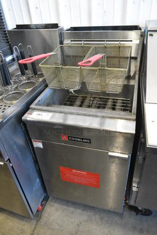Cookline CF-75 Stainless Steel Commercial Floor Style Natural Gas Powered Deep Fat Fryer w/ 2 Metal Fry Baskets on Commercial Casters. 150,000 BTU.