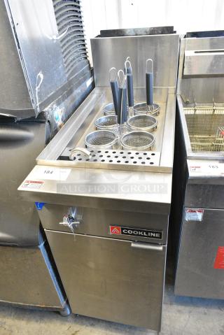 2024 Cookline PC1 Stainless Steel Commercial Floor Style Natural Gas Powered Pasta Cooker w/ 6 Metal Baskets on Commercial Casters. 70,000 BTU.