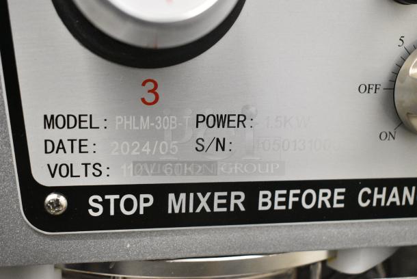 2024 PrepLine PHLM-30B-T Metal Commercial Floor Style 30 Quart Planetary Dough Mixer w/ Stainless Steel Mixing Bowl, Bowl Guard, Paddle and Whisk Attachments. 110 Volts, 1 Phase. Tested and Working! - Image 7 of 7