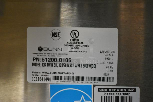 2020 Bunn ICB TWIN SH Stainless Steel Commercial Countertop Double Coffee Machine w/ Hot Water Dispenser, 2 Servers and 1 Poly Brew Basket. 120/208 Volts, 1 Phase. - Image 8 of 8