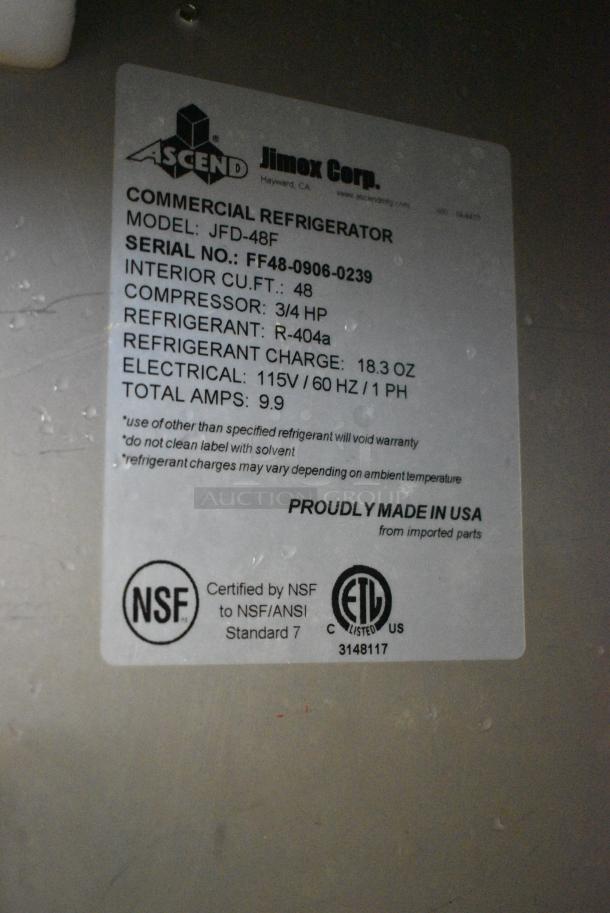 Jimex Ascend JFD-48F Stainless Steel Commercial 2 Door Reach In Freezer w/ Poly Coated Racks on Commercial Casters. 115 Volts, 1 Phase. Tested and Powers On But Does Not Get Cold - Image 6 of 6