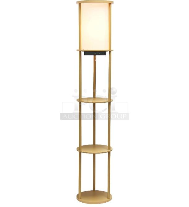 BRAND NEW SCRATCH AND DENT! Simple Designs LF2010-TAN 62.5" Round Modern Shelf Etagere Organizer Storage Floor Lamp with 2 USB Charging Ports, 1 Charging Outlet and Linen Shade for Living Room Bedroom Office, Tan - Image 1 of 3
