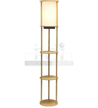 BRAND NEW SCRATCH AND DENT! Simple Designs LF2010-TAN 62.5" Round Modern Shelf Etagere Organizer Storage Floor Lamp with 2 USB Charging Ports, 1 Charging Outlet and Linen Shade for Living Room Bedroom Office, Tan