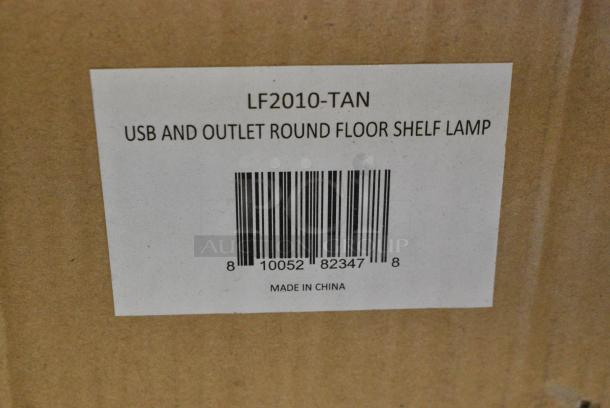 BRAND NEW SCRATCH AND DENT! Simple Designs LF2010-TAN 62.5" Round Modern Shelf Etagere Organizer Storage Floor Lamp with 2 USB Charging Ports, 1 Charging Outlet and Linen Shade for Living Room Bedroom Office, Tan - Image 3 of 3