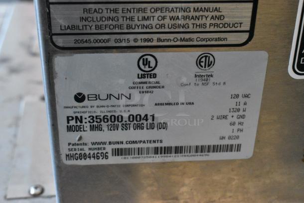 2020 Bunn MHG Stainless Steel Commercial Countertop 2 Hopper Coffee Bean Grinder. 120 Volts, 1 Phase. Tested and Working! - Image 8 of 8