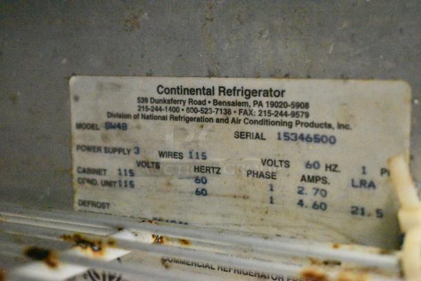 Continental SW48 Stainless Steel Commercial 2 Door Undercounter Cooler on Commercial Casters. 115 Volts, 1 Phase. Tested and Working! - Image 8 of 8
