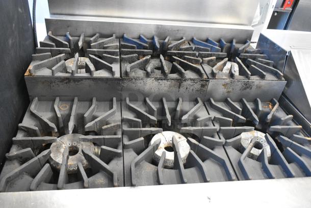 Stainless Steel Commercial Natural Gas Powered 6 Burner 2 Tier Range w/ Under Shelf on Commercial Casters. - Image 4 of 7