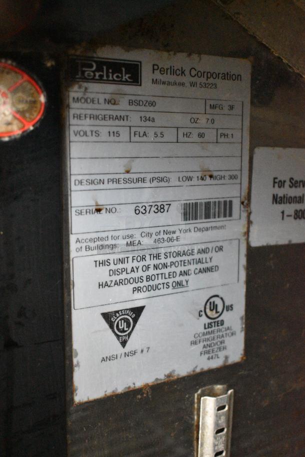 Perlick BSDZ60 Stainless Steel Commercial 2 Door Back Bar Cooler. One Door Is Locked. 115 Volts, 1 Phase. - Image 4 of 4
