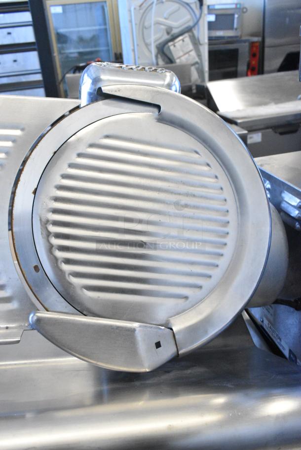 Globe 500L Stainless Steel Commercial Countertop Meat Slicer w/ Blade Sharpener. 115 Volts, 1 Phase. Missing 2 Legs. Tested and Working! - Image 3 of 6