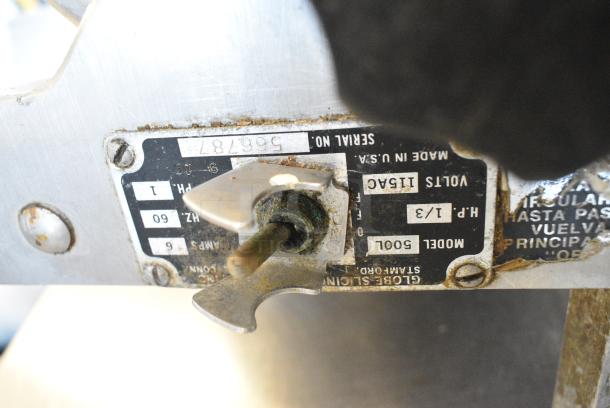 Globe 500L Stainless Steel Commercial Countertop Meat Slicer w/ Blade Sharpener. 115 Volts, 1 Phase. Missing 2 Legs. Tested and Working! - Image 6 of 6
