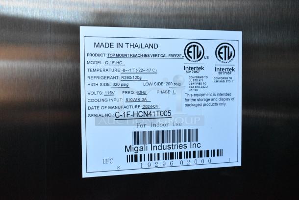 BRAND NEW SCRATCH AND DENT! 2024 Migali C-1F-HC Stainless Steel Commercial Single Door Reach In Single Door Freezer w/ Poly Coated Racks. 115 Volts, 1 Phase. Serial C-1F-HCN41T005. Tested and Working! - Image 5 of 5