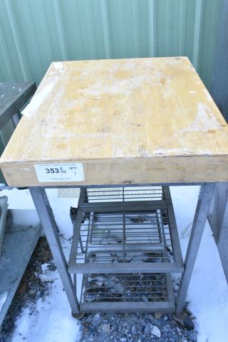 Butcher Block Tabletop w/ 2 Metal Wire Under Shelves on Commercial Casters.