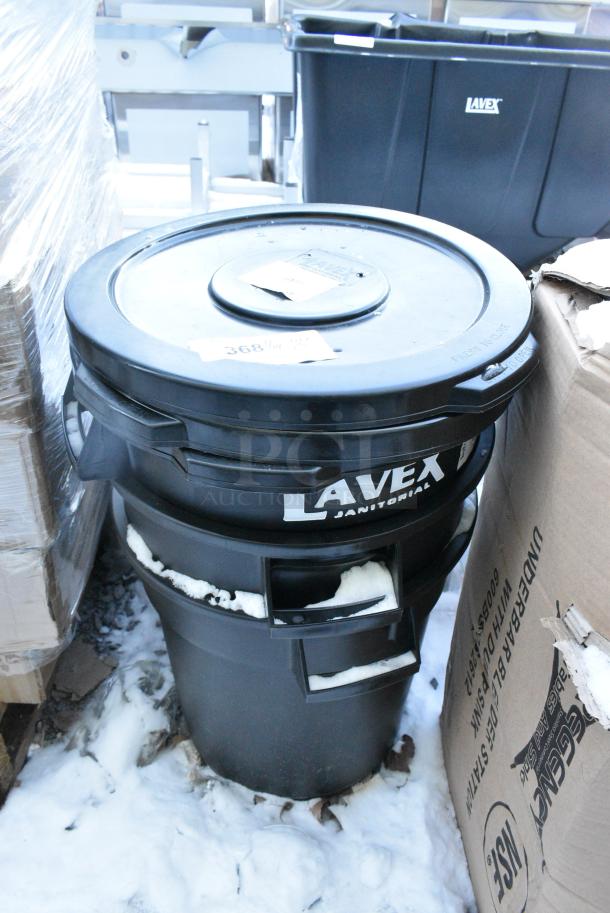 3 Lavex Black Poly Trash Cans w/ 3 Laves 475TCLD10BK  Lids. 3 Times Your Bid! - Image 1 of 2
