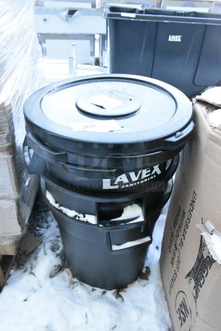 3 Lavex Black Poly Trash Cans w/ 3 Laves 475TCLD10BK  Lids. 3 Times Your Bid!
