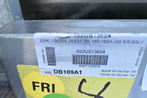 BRAND NEW SCRATCH AND DENT! Steelton 522US13624 Stainless Steel Commercial Single Bay SInk. No Legs. - Image 3 of 3